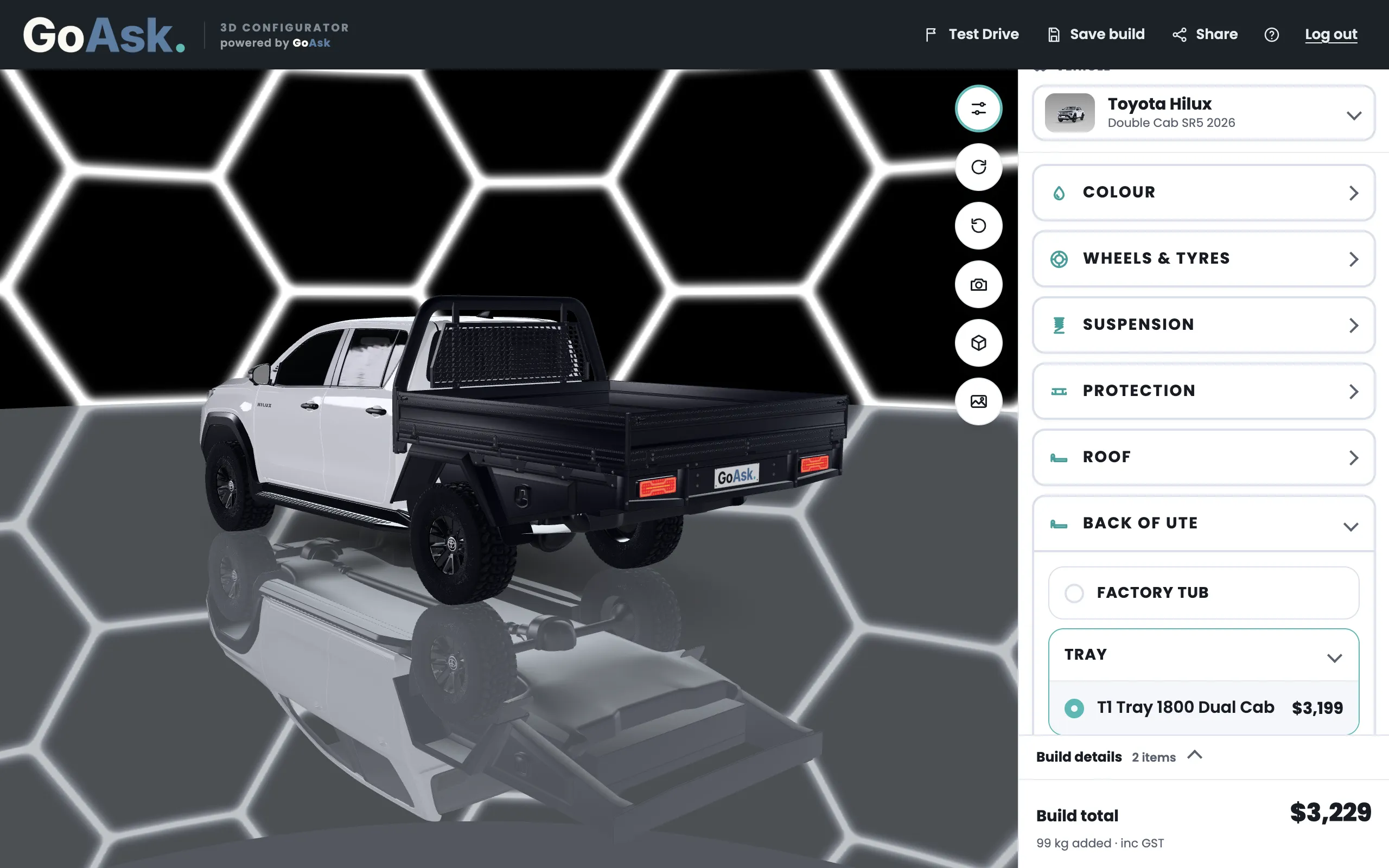 A Toyota Hilux with a black alloy tray, and the build total at the bottom of the panel
