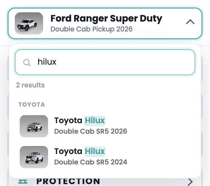 The vehicle list open, filtered to the 2 Toyota Hilux models